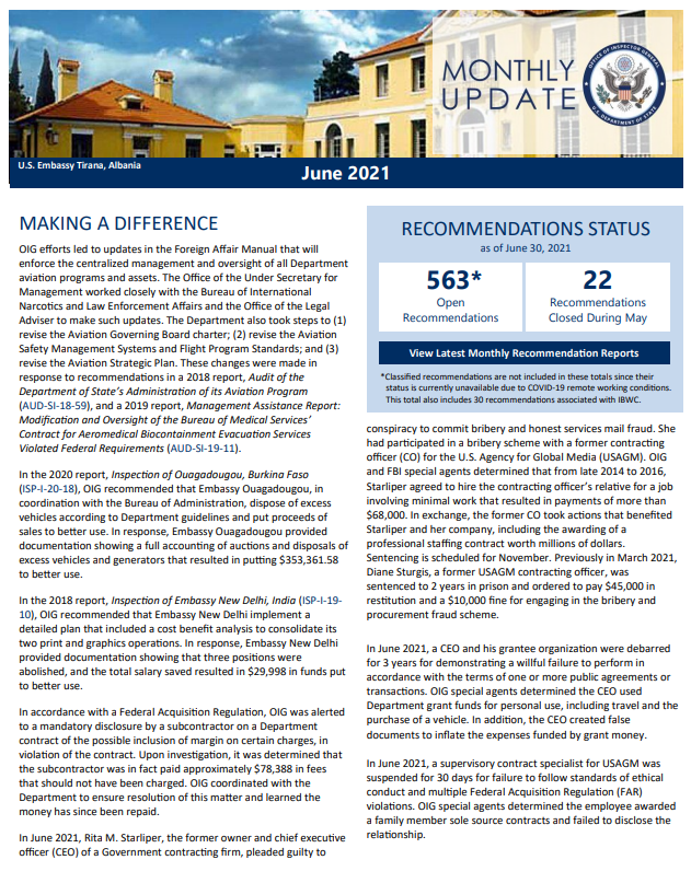 June 2021 Monthly Update | Office of Inspector General